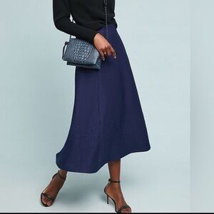 Maeve Anthropologie Maria Navy Embossed Knit Flared Midi Skirt